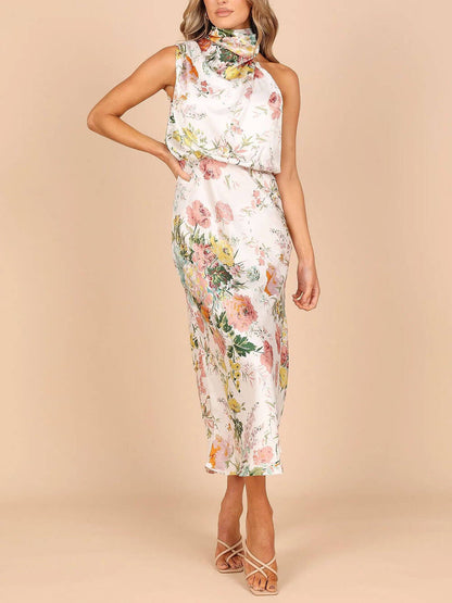 Halter Neck Floral Elastic Waist Maxi Dress
