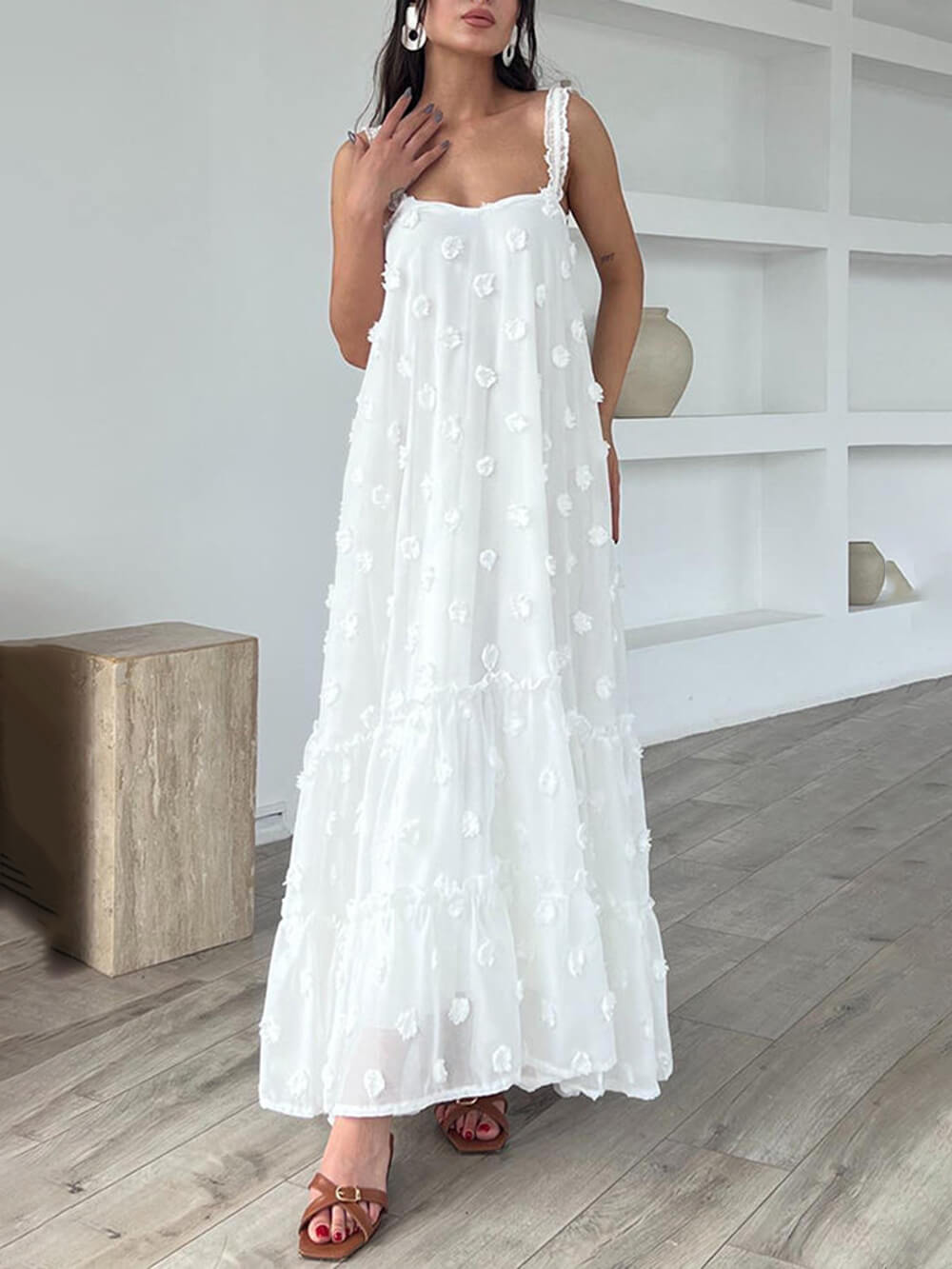 Flower Decor Pretty A-Line Layered Loose Maxi Dress