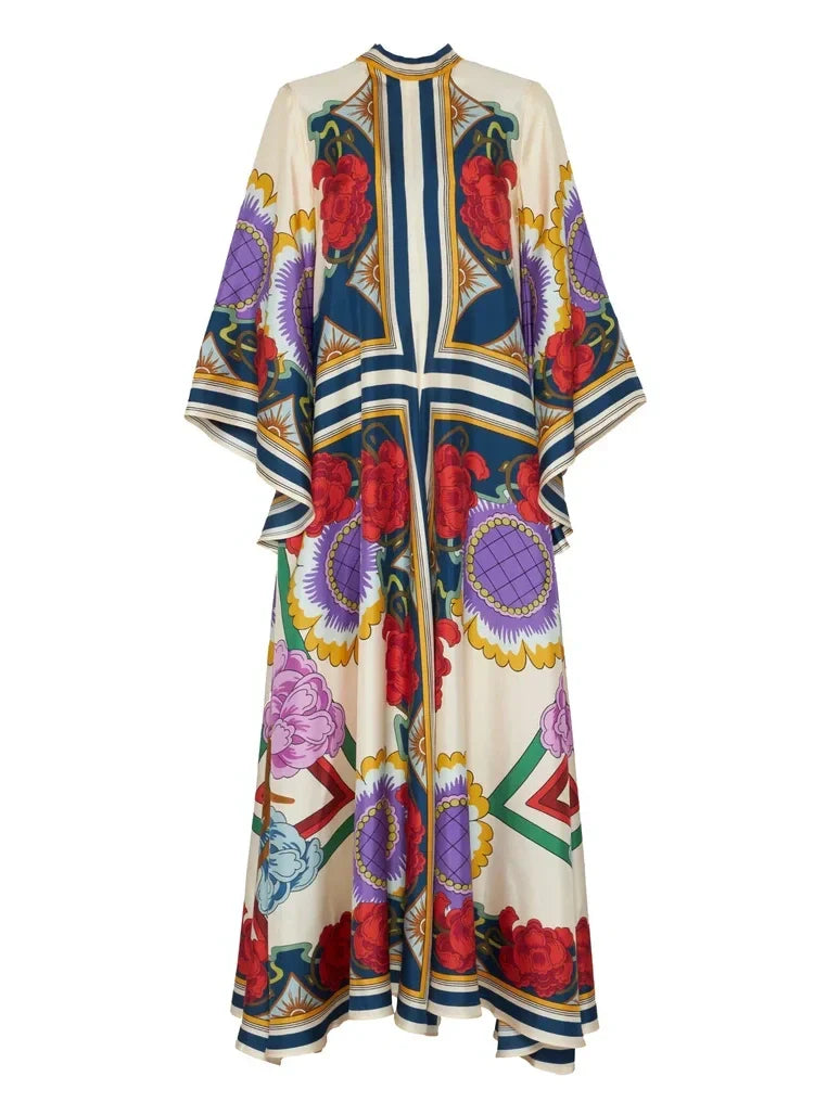 Exquisite Floral Print Draped Waterfall Sleeves Maxi Dress