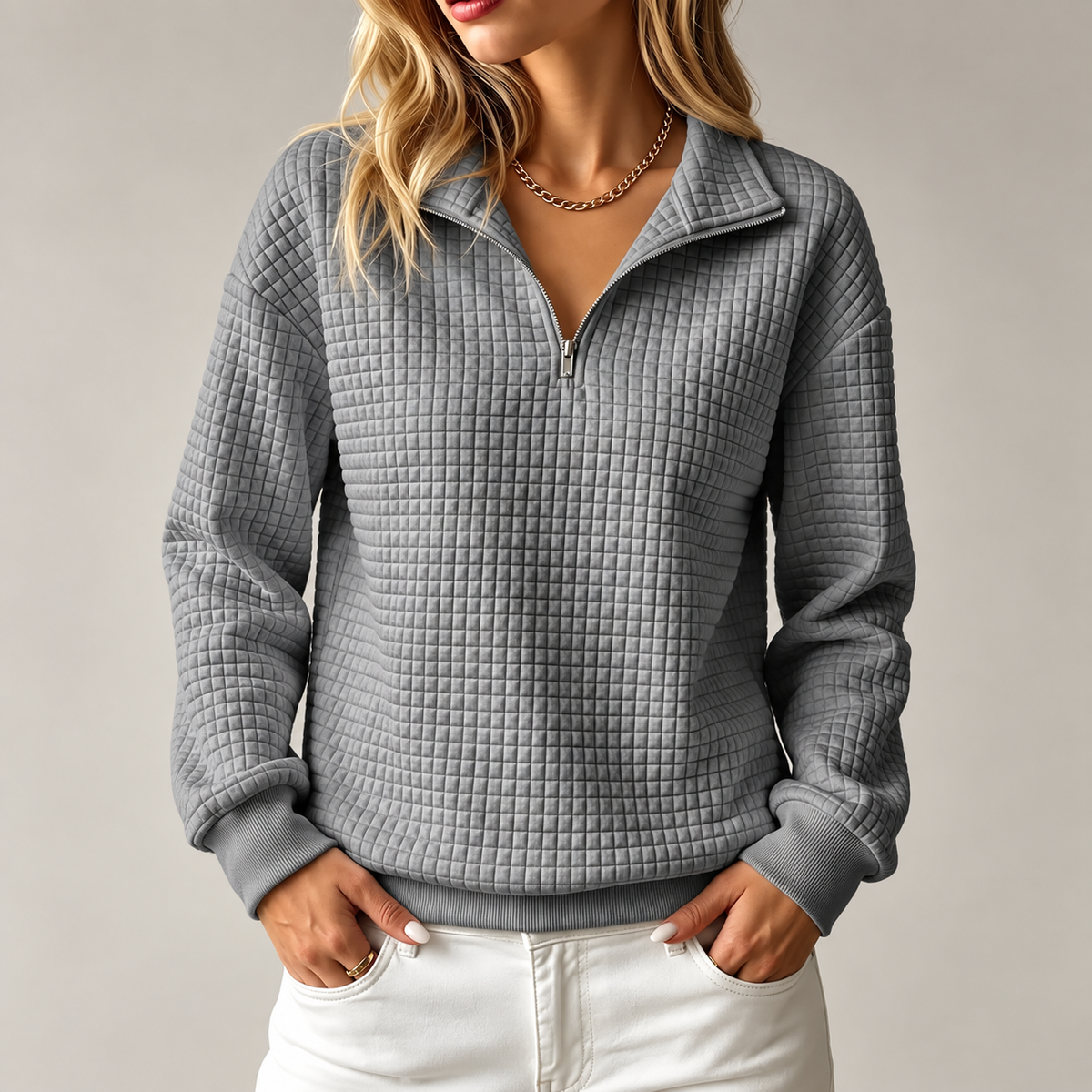 Waffle-Knit Quarter-Zip Sweatshirt