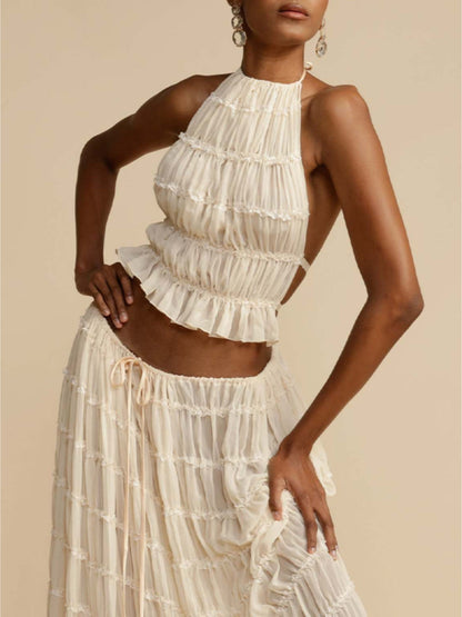 Pleated Drawstring Charm Waist Tiered Maxi Skirt