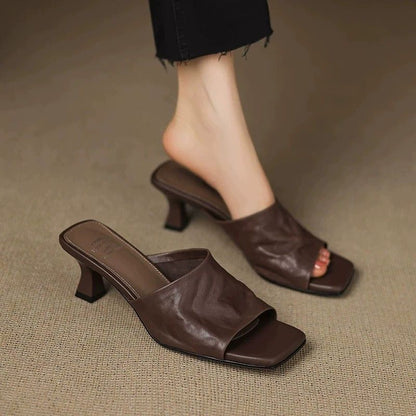 Veda Genuine Leather Open-Toe Mule Heels