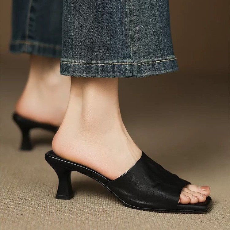Veda Genuine Leather Open-Toe Mule Heels